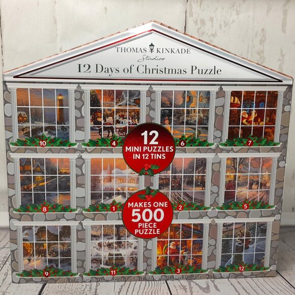 Thomas Kinkade 12 Days Of Christmas Puzzle 12 Mini Tins Makes 500 Piece Puzzle - Picture 2 of 11